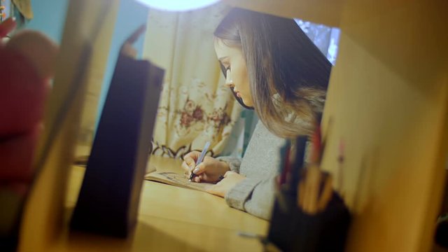A young woman with long hair draws a felt-tipper in the evening in the album.