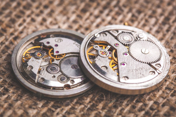 Clockwork old mechanical USSR watch. close up, macro shot.