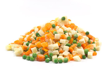 Raw frozen vegetables for Russian salad isolated on white