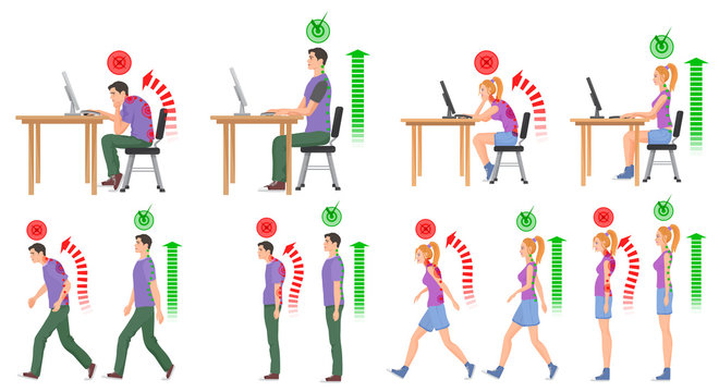 Man and woman in correct and wrong positions for spine. Vector illustration.