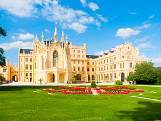 Fototapeta premium Lednice Chateau on sunny summer day, Moravia, Czech Republic. UNESCO World Heritage Site.