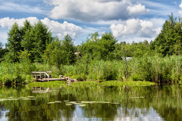 The shore of the lake with wooden pier on a summer day