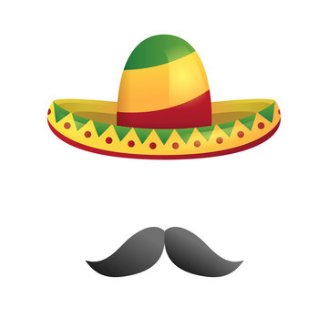 Vector isolated mexican sombrero hat and with moustache for funny decoration. Concept of Happy Cinco De Mayo.