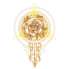 Golden chaplet, Rose flower With the eye, pattern of geometric shapes on white background. Tattoo design, mystic symbol. Boho design. Print, posters, t-shirts and textiles. vector illustration