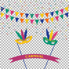 Obraz premium Festive celebration background. Carnival masks, confetti and celebration flags