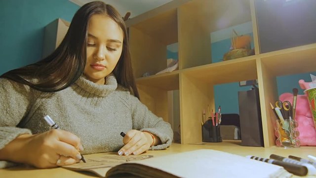 A young woman with long hair draws a felt-tipper in the evening in the album.