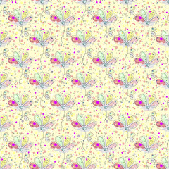 Vector seamless floral pattern Hand drawn outline decorative endless background with cute drawn flowers, decorative elements Graphic illustration. Line drawing. Print for wrapping, background, decor