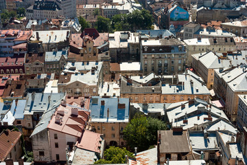 Lviv, Ukraine. Beautiful top view with roofs of old european town from the the city hall.
