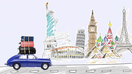 Around the world. Blue retro toy car with travel cases driving by famous monuments.