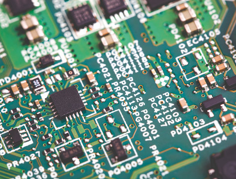 Close up of electronic components on the motherboard, microprocessor chip