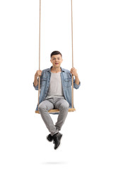Teenage boy sitting on wooden swing and looking at camera