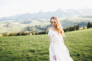 Naklejka na ściany i meble Elegant bride at the mountains