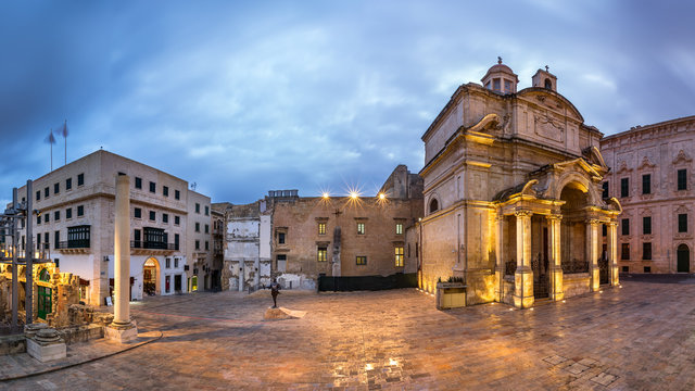 Panorama Saint Catherine of Italy Church and Jean Vallette Piazza in the Morning, Vallette, Malta