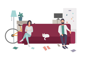 Divorce, family quarrel. Couple on the couch turning away from each other. flat colorful illustration.