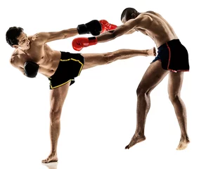 Papier Peint photo Lavable Arts martiaux two caucasian Muay Thai kickboxing kickboxer thai boxing men isolated on white background