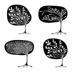 Vector set of hand drawn illustration, decorative ornamental stylized tree. Black and white graphic illustration isolated on the white background. Inc drawing silhouette Decorative artistic ornamental