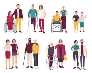 Happy disabled people with friends. Cartoon flat illustrations set.