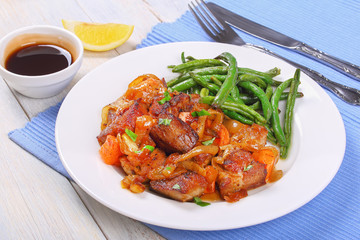 classic meat stew on white plate