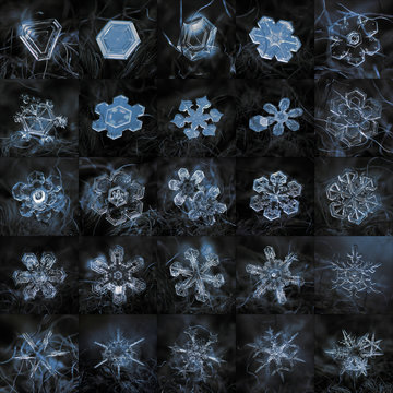 Collage with 25 real snowflake macro photos, arranged in square grid 5 x 5 tiles. Snow crystals was captured at dark woolen background in natural light of cloudy sky.