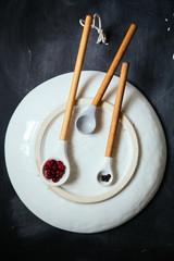 Handcrafted pottery spoons. Rustic concept.