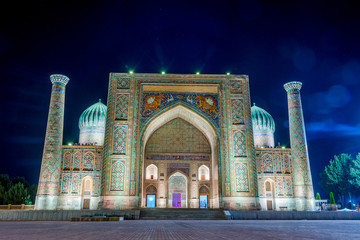 Sher-Dor Madrasah at night, Samarkand, Uzbekistan