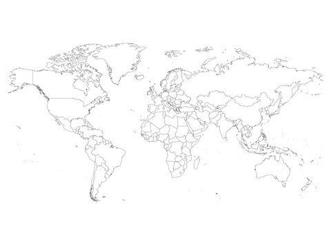 World map with country borders, thin black outline on white background. Simple high detail line vector wireframe.