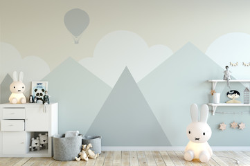 mock up wall in child room interior. Interior scandinavian style. 3d rendering, 3d illustration - 144844755