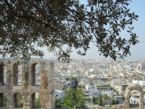 View of Athens with a white temple, Greece