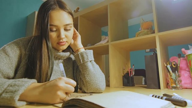 A young woman with long hair draws a felt-tipper in the evening in the album.