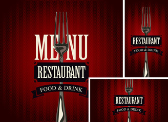 Set of design elements for a cafe or restaurant from the menu and business cards with fork on dark red background