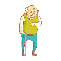 Obraz premium An elderly man with cane suffering from heart pain. Colorful cartoon character isolated