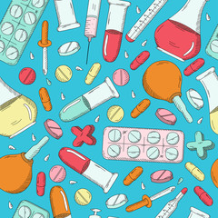 Seamless pattern with healthcare, medicine and pharmacy icons and symbols. Medical background doodle. Good for a printing and web materials, medical clinic