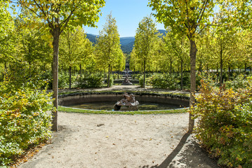 baroque fountain of the gardens of the royal palace of The Farm of San Ildefonso in Segovia, Castile, Spain.