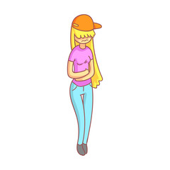 Girl with long blond hair suffering from stomachache. Colorful cartoon character