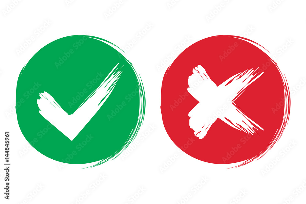 Poster Tick and cross brush signs. Green checkmark OK and red X icons, isolated on white background. Simple marks graphic design. Symbols YES and NO button for vote, decision, web. Vector illustration