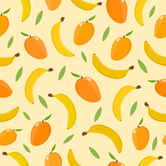 Seamless pattern with mango and banana. Tropical background