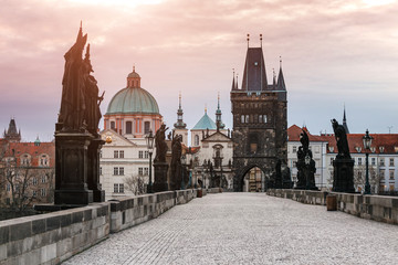 Naklejka premium Beautiful morning at empty Charles bridge tower, wide angle panorama