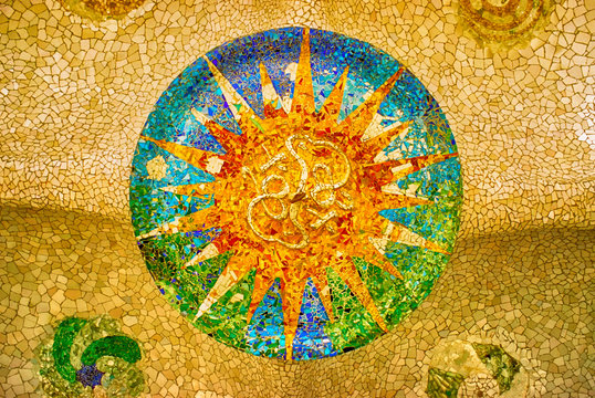 sun mosaic at the Parc Guell, Barcelona