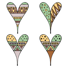 Obraz premium Set of vector hand drawn decorative stylized childish hearts. Doodle style, tribal graphic illustration. Ornamental cute hand drawing in vintage colors. Series of doodle, cartoon, sketch illustrations