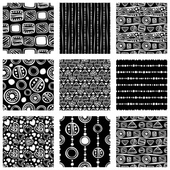 Set of seamless vector pattern. Black and white hand drawn endless background with ornamental decorative elements with ethnic, traditional, tribal motives. Series of Hand Drawn Ornamental Patterns