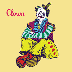 The clown is sitting and smiling in bright costume, hand drawn doodle, bright colors sketch in pop art style, vector illustration