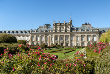 sight of the front and of the gardens of the royal palace of The Farm of San Ildefonso in Segovia, Castile, Spain.