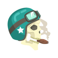 Scull In Green Helmet Smoking Cigar, Colorful Sticker With War And Biker Culture Attributes Vector Icon