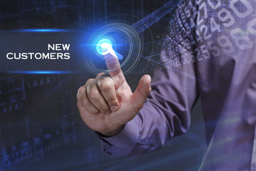 Business, Technology, Internet and network concept. Young businessman working on a virtual screen of the future and sees the inscription: New customers