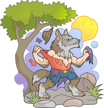 Cartoon werewolf tears his clothes
