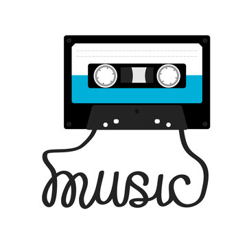 Plastic audio tape cassette with tape word Music. Retro icon. Recording element. 80s 90s years. Blue color template. Flat design. White background. Isolated.
