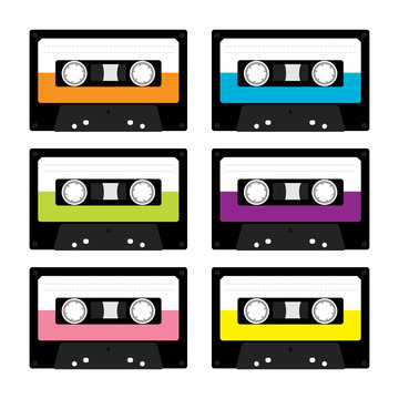 Plastic audio tape cassette. Retro music icon set. Recording element. 80s 90s years. Different colors template. Flat design. White background. Isolated.