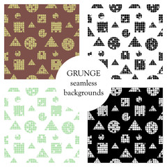 Set of seamless vector abstract pattern. geometric background with circles, squares, triangles. Grunge texture with attrition, cracks and ambrosia. Old style vintage design. Graphic illustration.