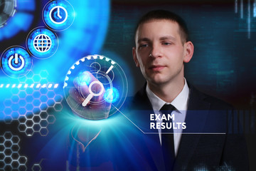 Business, Technology, Internet and network concept. Young businessman working on a virtual screen of the future and sees the inscription: Exam results