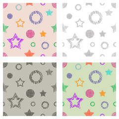 Seamless set of vector geometrical patterns with stars, triangles, circle, square endless background with hand drawn textured geometric figures Graphic illustration for wrapping, web backgrounds,